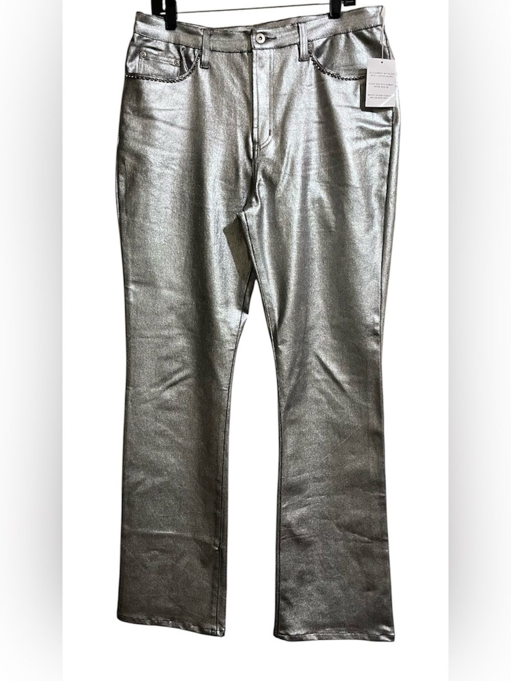 NWOT DG2 by Diane Gilman Metallic Silver Boot Cut Jeans Rhinestones 14 TALL